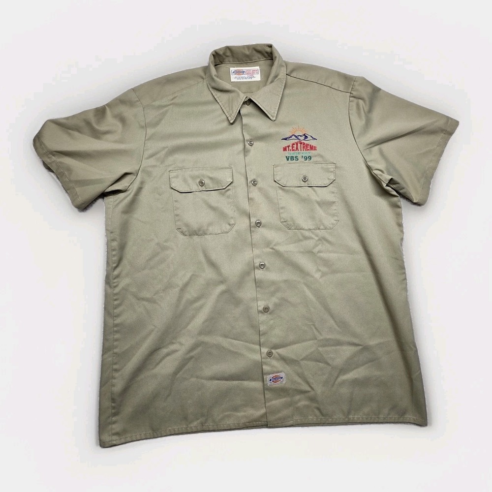 Vintage Dickies Men's Khaki Short Sleeve Work Shirt MT. EXTREME VBS '99 Size L